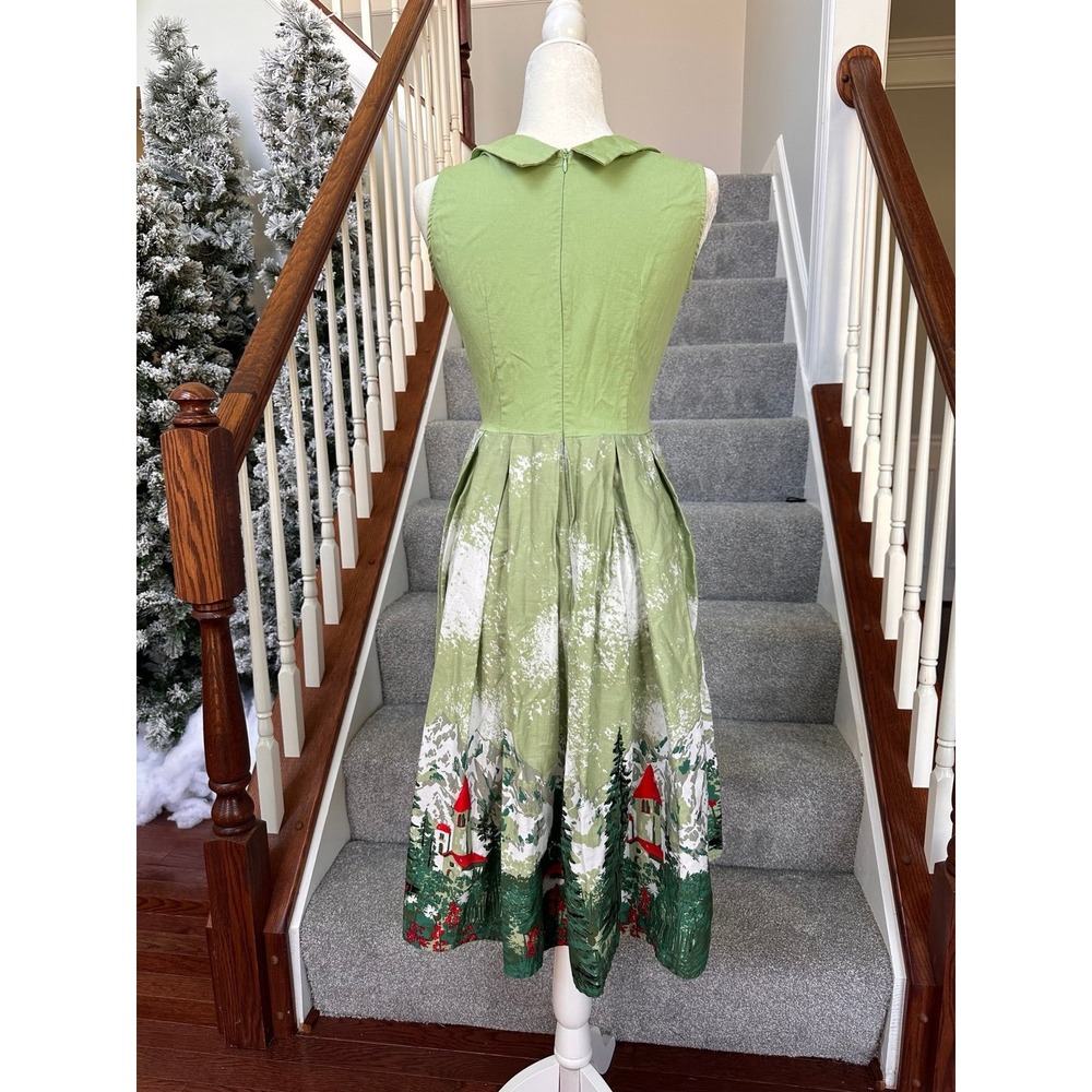 Unique Vintage 1950s Style Milk Maid Retro Swiss Alps Green White Cocktail Dress - Picture 9 of 12